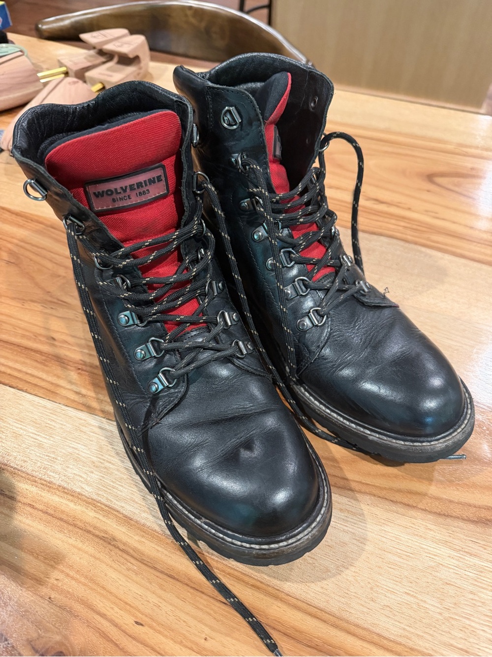 Wolverine Black Leather Hiking Boots with Red Tongue Accents